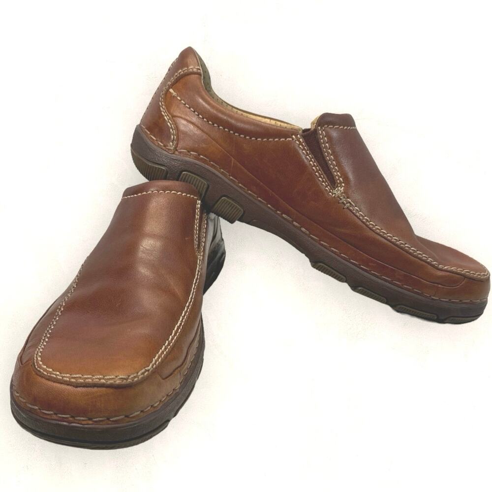 Clarks Active Air Mens 9 Tan Leather Slip On Loafers Contrast Stitch Brown